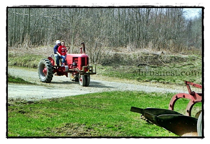 old red tractor on road