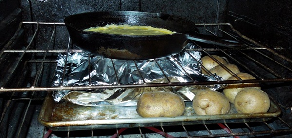 bake cornbread and steak  in oven