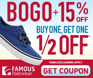 Buy One Get One 1/2 off with the Famous Footwear Back To School sale. Rewards members take an extra 20% off. Non-members take 15% off. Print your coupon to shop in-store sale 8/8 - 8/17. 