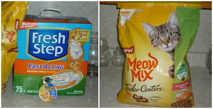 meow mix cat food and  fresh step cat litter